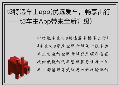 t3特选车主app(优选爱车，畅享出行——t3车主App带来全新升级)